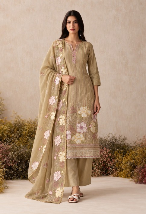 Beige Embroidered Work Shimmer Salwar Suit